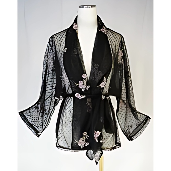 Handmade Sheer Black Dot with Purple Embroidered Flowers Dolman | Jennafer Grace - Picture 1 of 5